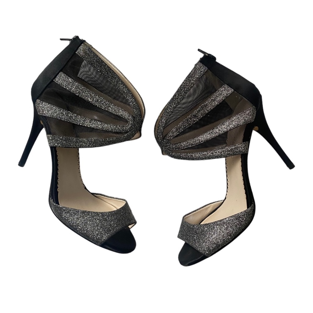 New Caparros Dalton Open Toe Evening Pumps silver Glitter Heels black - 10